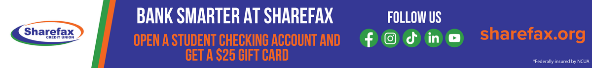 Sharefax Ad with "Bank Smarter at Sharefax - Open a Student Checking Account and get a $25 Gift Card", "Follow Us", social icons and sharefax.org