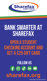 Sharefax Ad with "Bank Smarter at Sharefax - Open a Student Checking Account and get a $25 Gift Card", "Follow Us", social icons and sharefax.org
