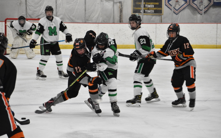 hockey player on ice and two shoving each other